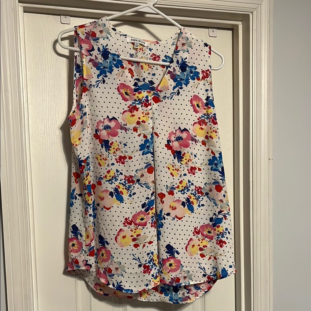 Rose & Olive Polka-dot Sleeveless Blouse with Floral Design